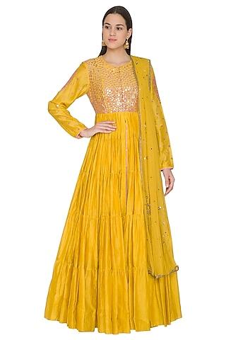 yellow embroidered anarkali set