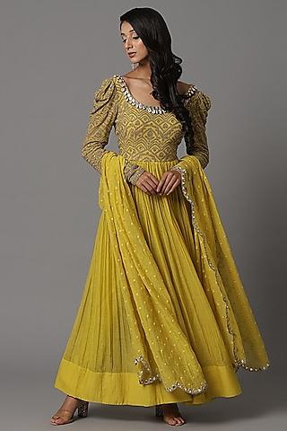 yellow embroidered anarkali set