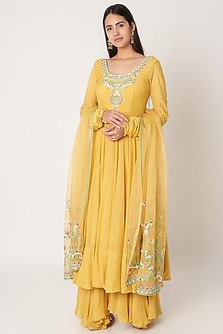 yellow embroidered anarkali set