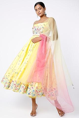 yellow embroidered anarkali set