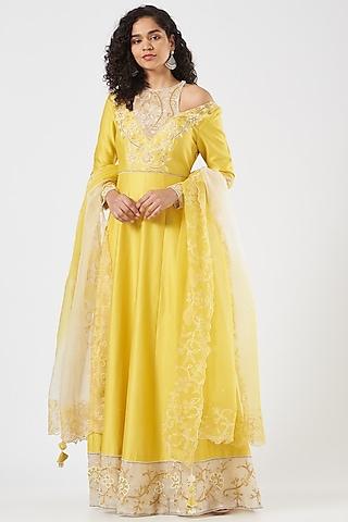 yellow embroidered anarkali set