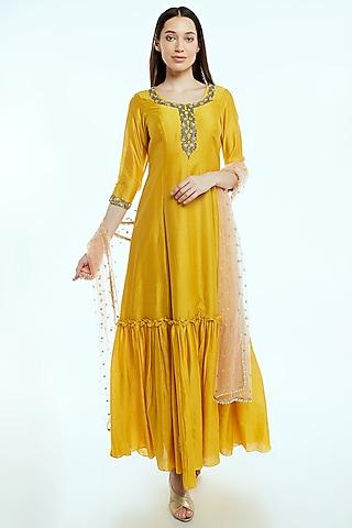 yellow embroidered anarkali set