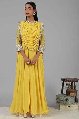 yellow embroidered anarkali set