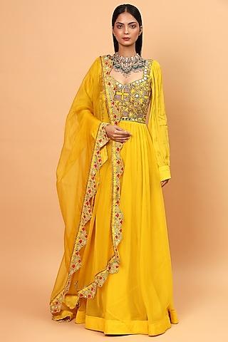 yellow embroidered anarkali set