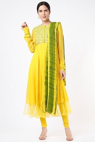 yellow embroidered anarkali set