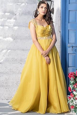 yellow embroidered anarkali set