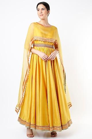 yellow embroidered anarkali with cape