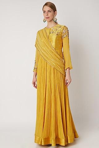 yellow embroidered anarkali with drape