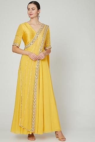 yellow embroidered anarkali with draped dupatta