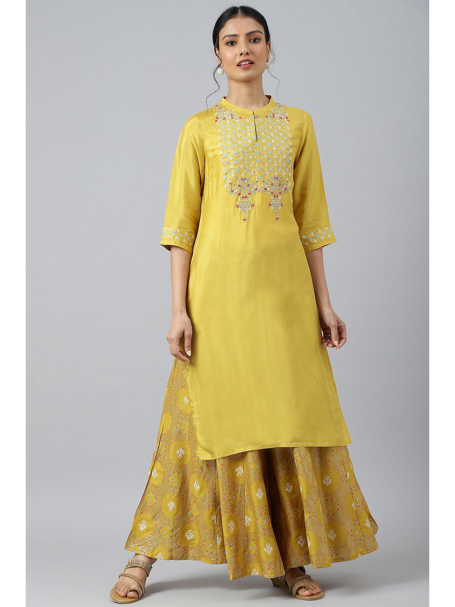 yellow embroidered and sequin work kurta