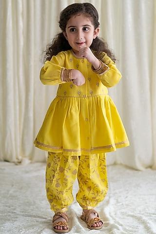 yellow embroidered angrakha kurta set for girls