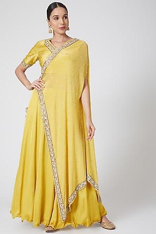 yellow embroidered angrakha kurta set