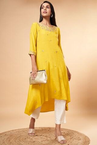 yellow embroidered ankle-length  ethnic women flared fit  kurta
