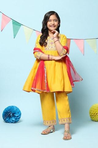 yellow embroidered ankle-length ethnic girls gathered fit pant kurta dupatta set