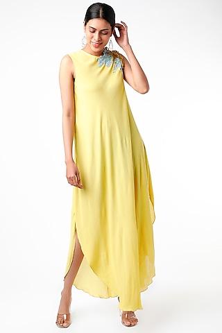 yellow embroidered asymmetrical long tunic