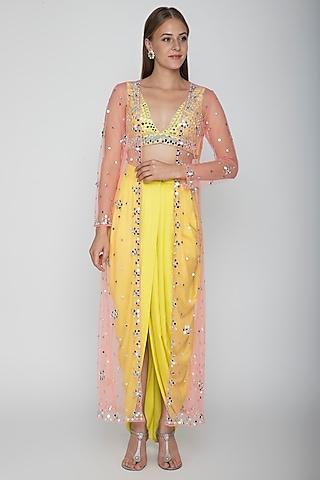 yellow embroidered blouse with dhoti skirt & blush pink cape