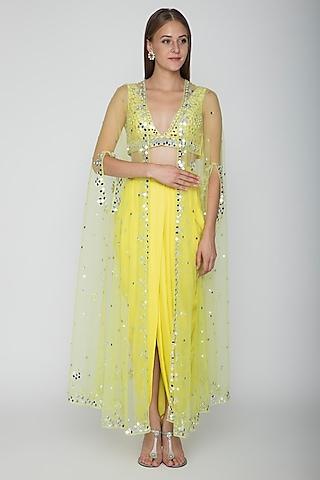 yellow embroidered blouse with dhoti skirt & lime yellow cape