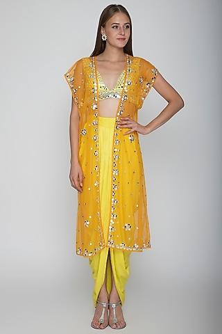 yellow embroidered blouse with dhoti skirt & orange cape
