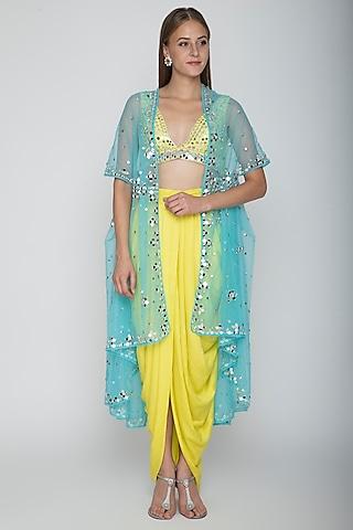 yellow embroidered blouse with dhoti skirt & sky blue cape