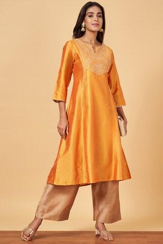 yellow embroidered calf-length  ethnic women regular fit  kurta