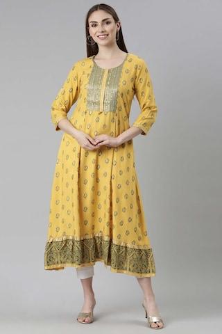 yellow embroidered calf-length casual women regular fit dress