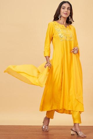 yellow embroidered calf-length casual women regular fit kurta set