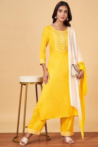 yellow embroidered casual 3/4th sleeves round neck women regular fit  pant kurta dupatta set