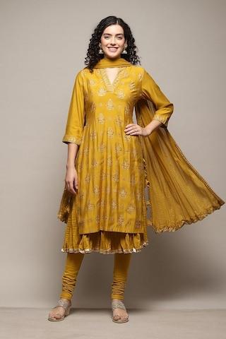 yellow embroidered casual 3/4th sleeves v neck women layered fit churidar kurta dupatta set