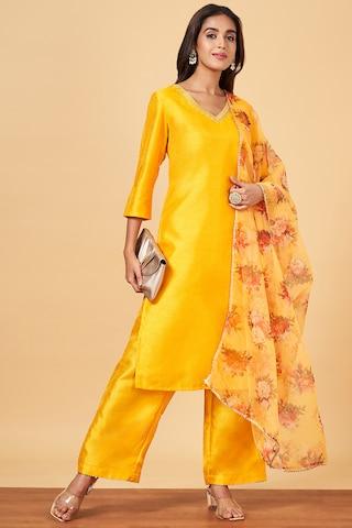 yellow embroidered casual 3/4th sleeves v neck women regular fit  pant kurta dupatta set