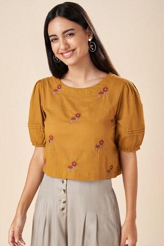 yellow embroidered casual elbow sleeves boat neck women regular fit  top