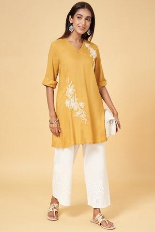 yellow embroidered casual elbow sleeves v neck women regular fit tunic