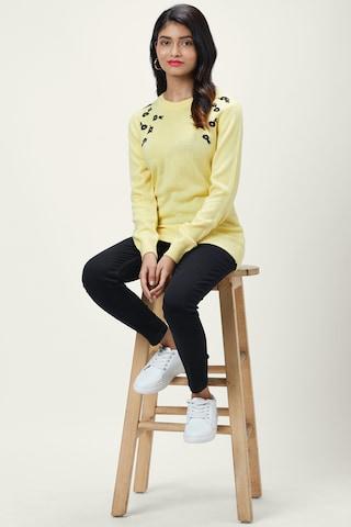 yellow embroidered casual full sleeves crew neck women regular fit sweater