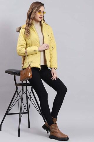 yellow embroidered casual full sleeves hooded neck women regular fit jackets