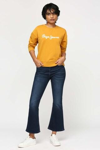 yellow embroidered casual full sleeves round neck women regular fit sweatshirt