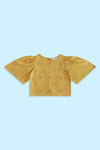 yellow embroidered casual half sleeves round neck girls regular fit top