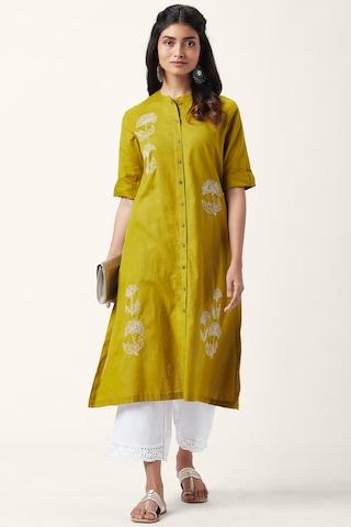 yellow embroidered casual mandarin 3/4th sleeves calf-length women regular fit kurta