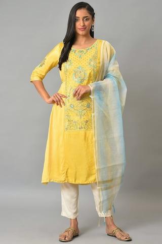 yellow embroidered casual round neck 3/4th sleeves ankle-length women regular fit pant kurta dupatta set
