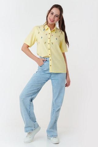 yellow embroidered casual short sleeves regular collar women regular fit shirt