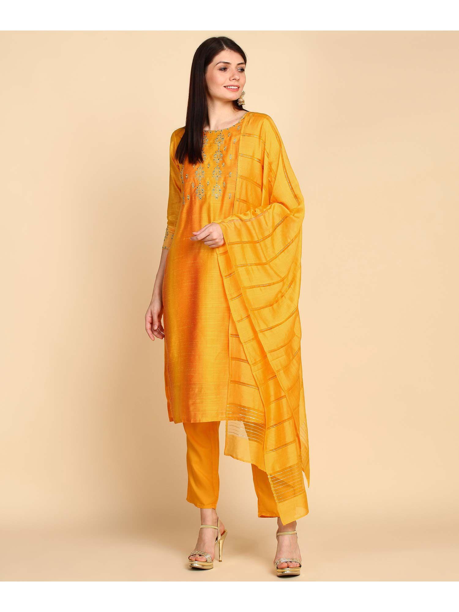 yellow embroidered chanderi cotton kurta with dupatta (set of 3)
