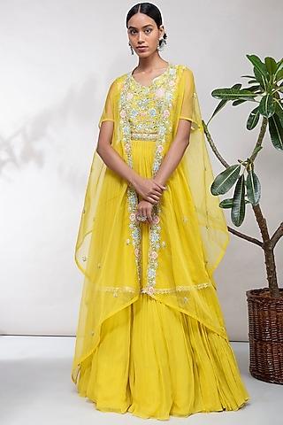 yellow embroidered chiffon lehenga set