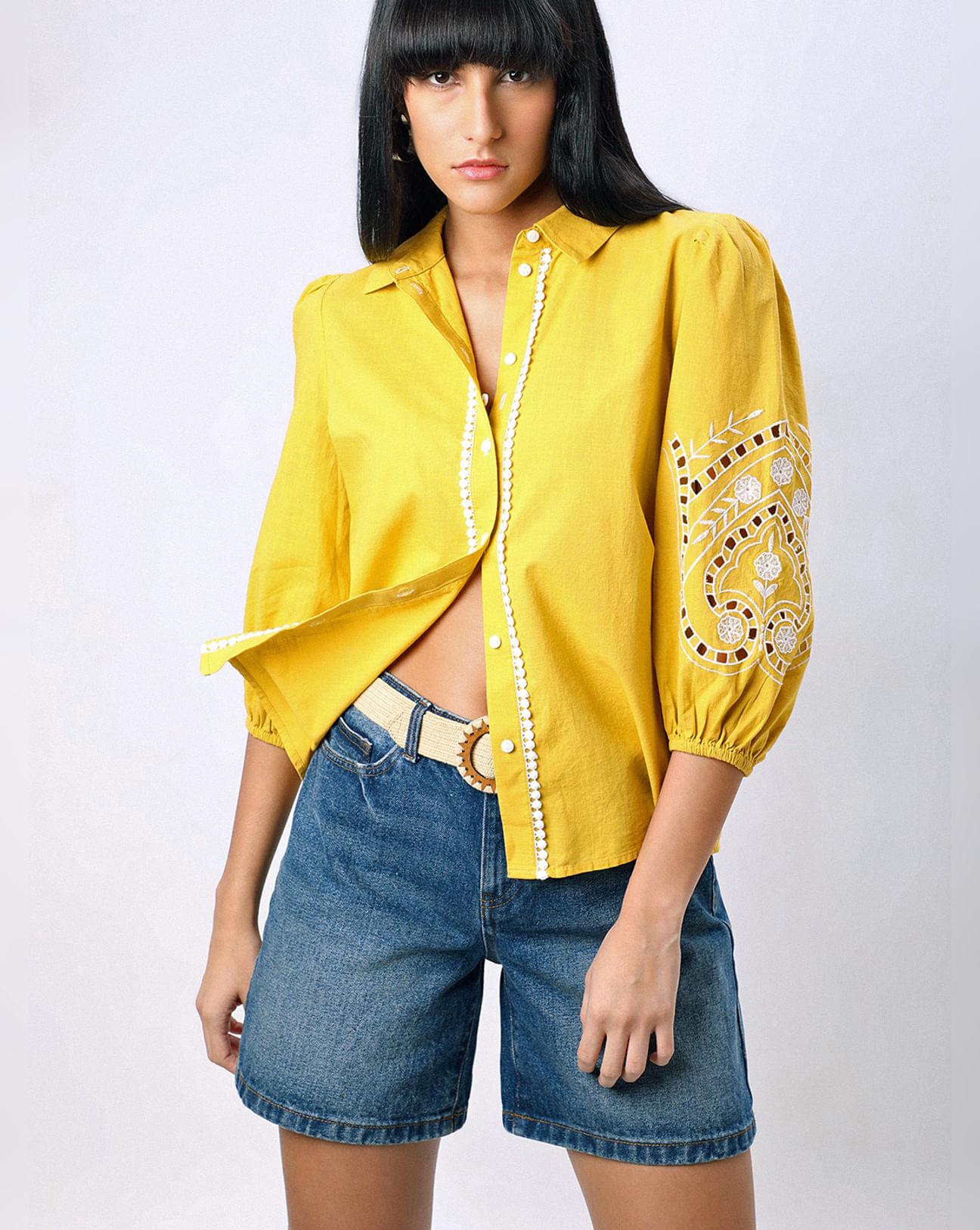 yellow embroidered cotton shirt