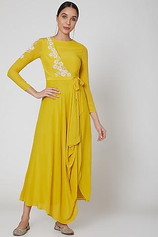 yellow embroidered cowl kurta set