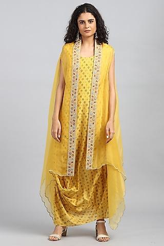 yellow embroidered cowl kurta with cape