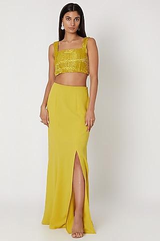 yellow embroidered crop top with skirt