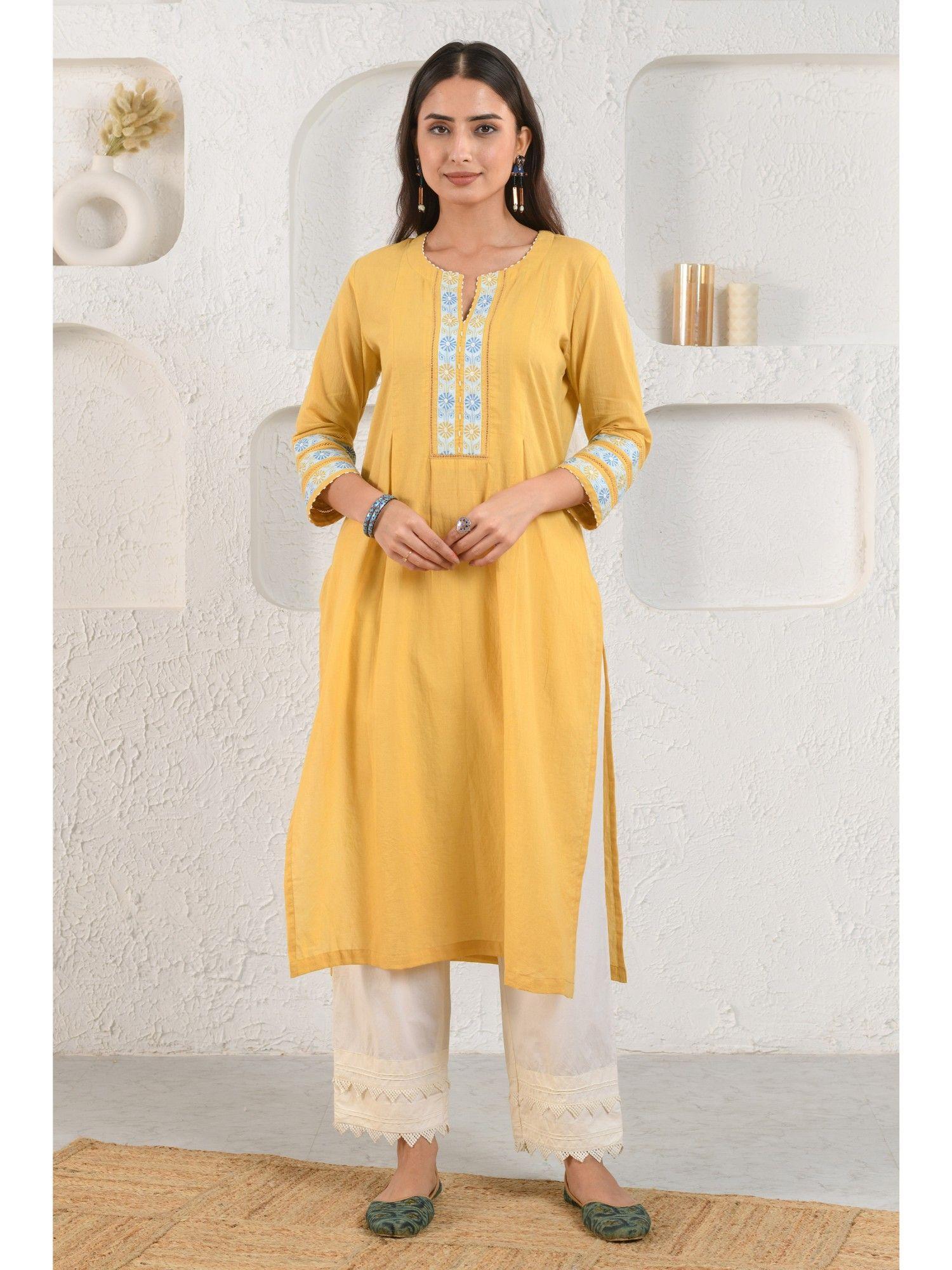 yellow embroidered dobby kurta