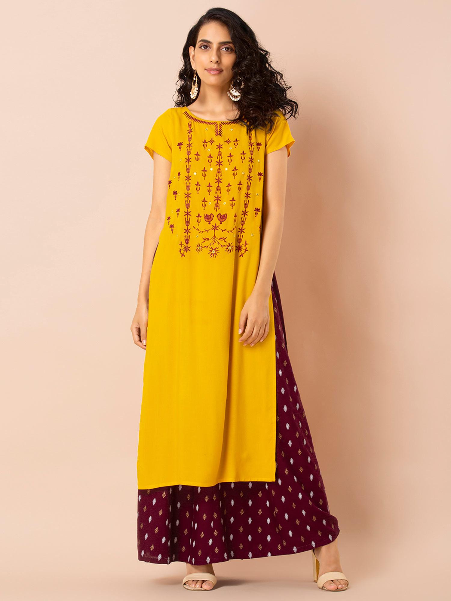 yellow embroidered double layered tunic