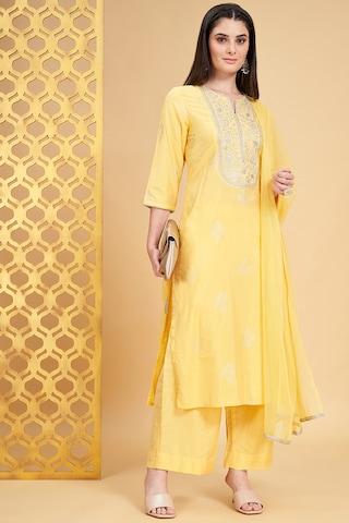 yellow embroidered ethnic 3/4th sleeves round neck women regular fit  pant kurta dupatta set