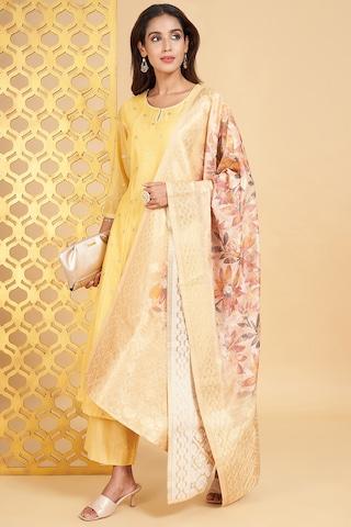 yellow embroidered ethnic 3/4th sleeves round neck women regular fit  pant kurta dupatta set