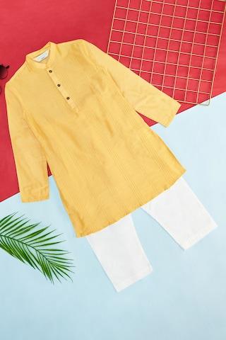 yellow embroidered ethnic full sleeves mandarin collar boys regular fit  pant kurta set