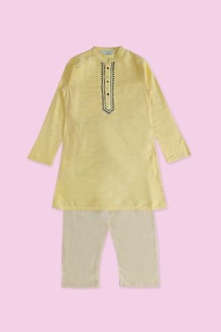 yellow embroidered ethnic mandarin full sleeves calf-length boys regular fit pant kurta set